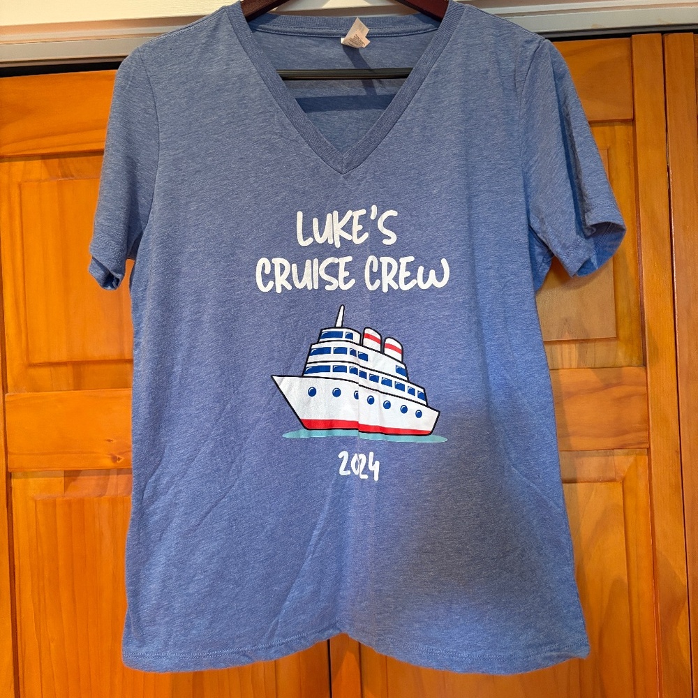 Bella Canvas Blue V Neck T-shirt with Luke's Cruise Crew on Front Size Medium